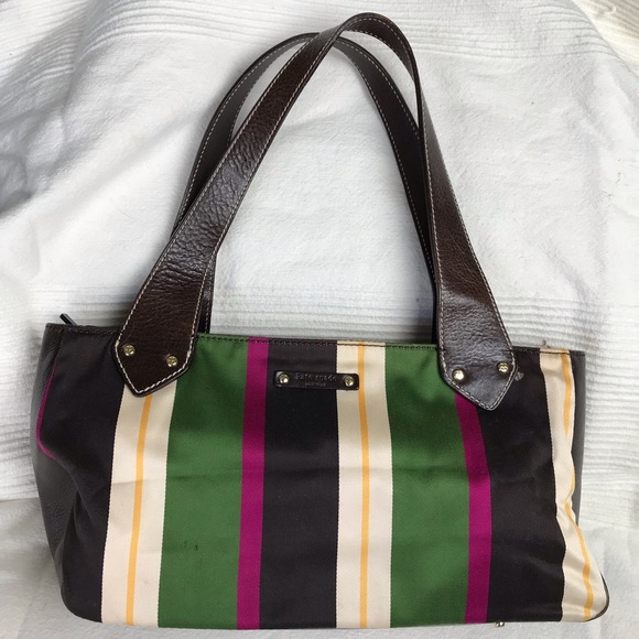 kate spade Handbags - Kate Spade Striped Cloth and Leather Shoulder Bag